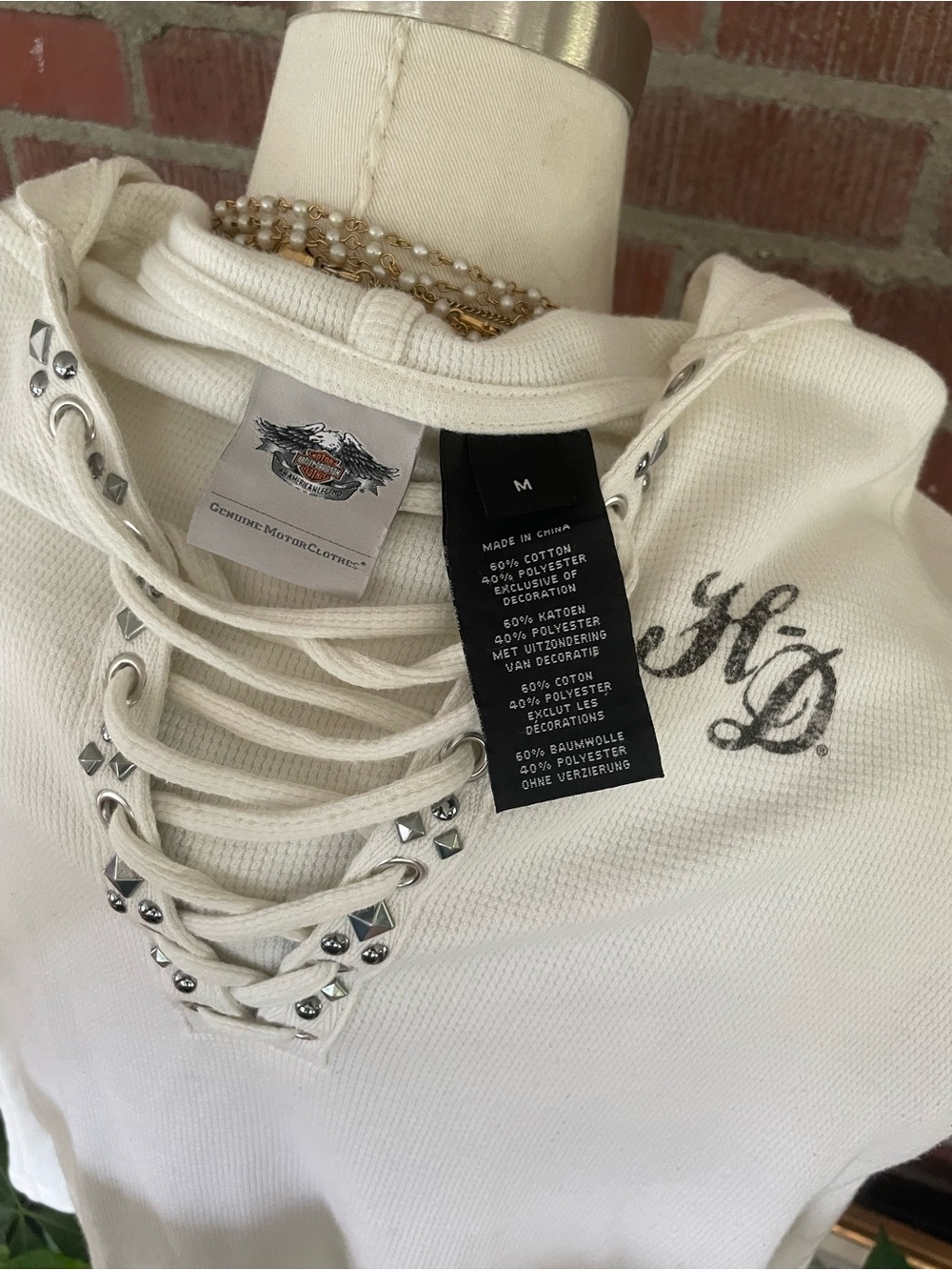 Harley-Davidson White Lace-Up Hooded Long Sleeve Top - Picture 5 of 5